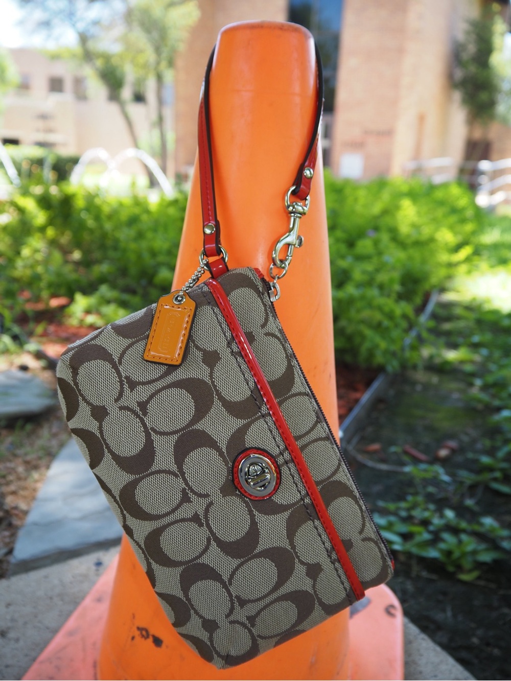Coach Signature Canvas Wristlet with Red Trim